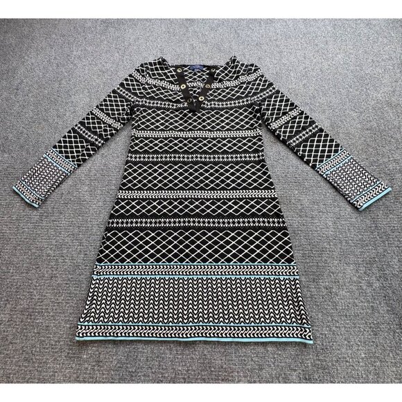 Kaari Blue Dress Womens XS Black White Geometric Button Accents Tribal Preppy - Picture 1 of 15